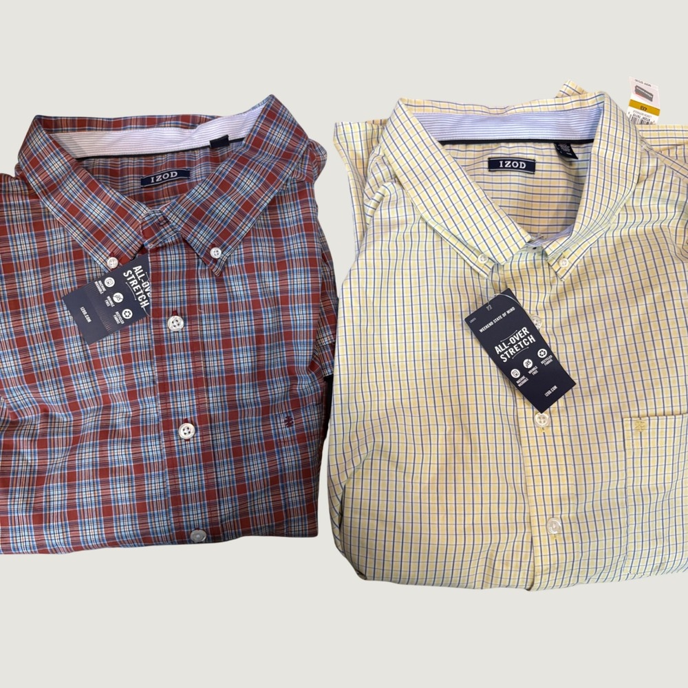 Lot of 2 IZOD Advantage Performance Shirts 4XB Burnt Henna Yellow Plaid Stretch